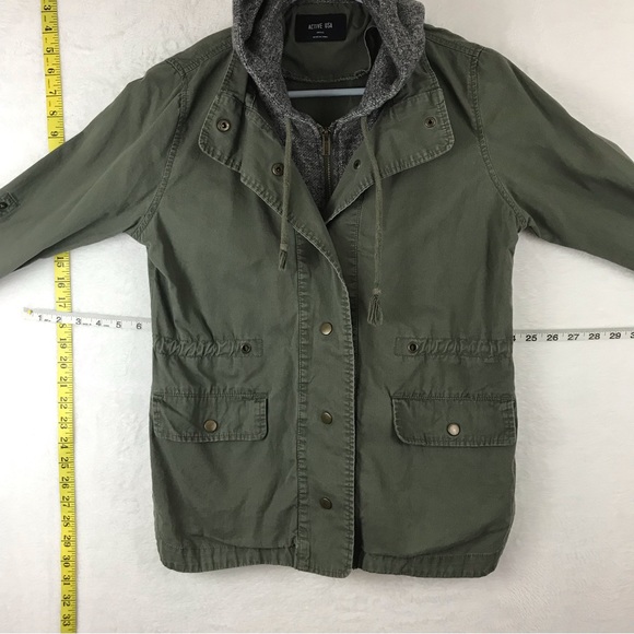Active USA Army Green Olive Gray Utility Jacket Zip Up Hooded Jacket Women Small - Picture 11 of 12